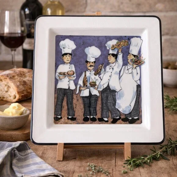 Brunelli Italy PURPLE Chef 10.25″ Square Ceramic Plate  Pattern Vintage Italian - Picture 9 of 9